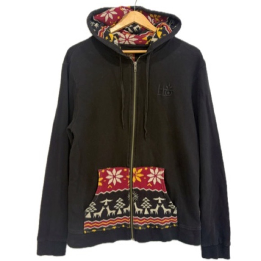 Habitat Mayan Zip Hoodie Mens Size M Black Patterned Ugly Christmas Sweater